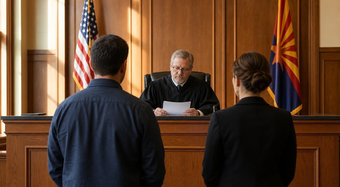 A judge in robes presides over a courtroom with a defendant and lawyer standing attentively, with American and Arizona state flags in the background.