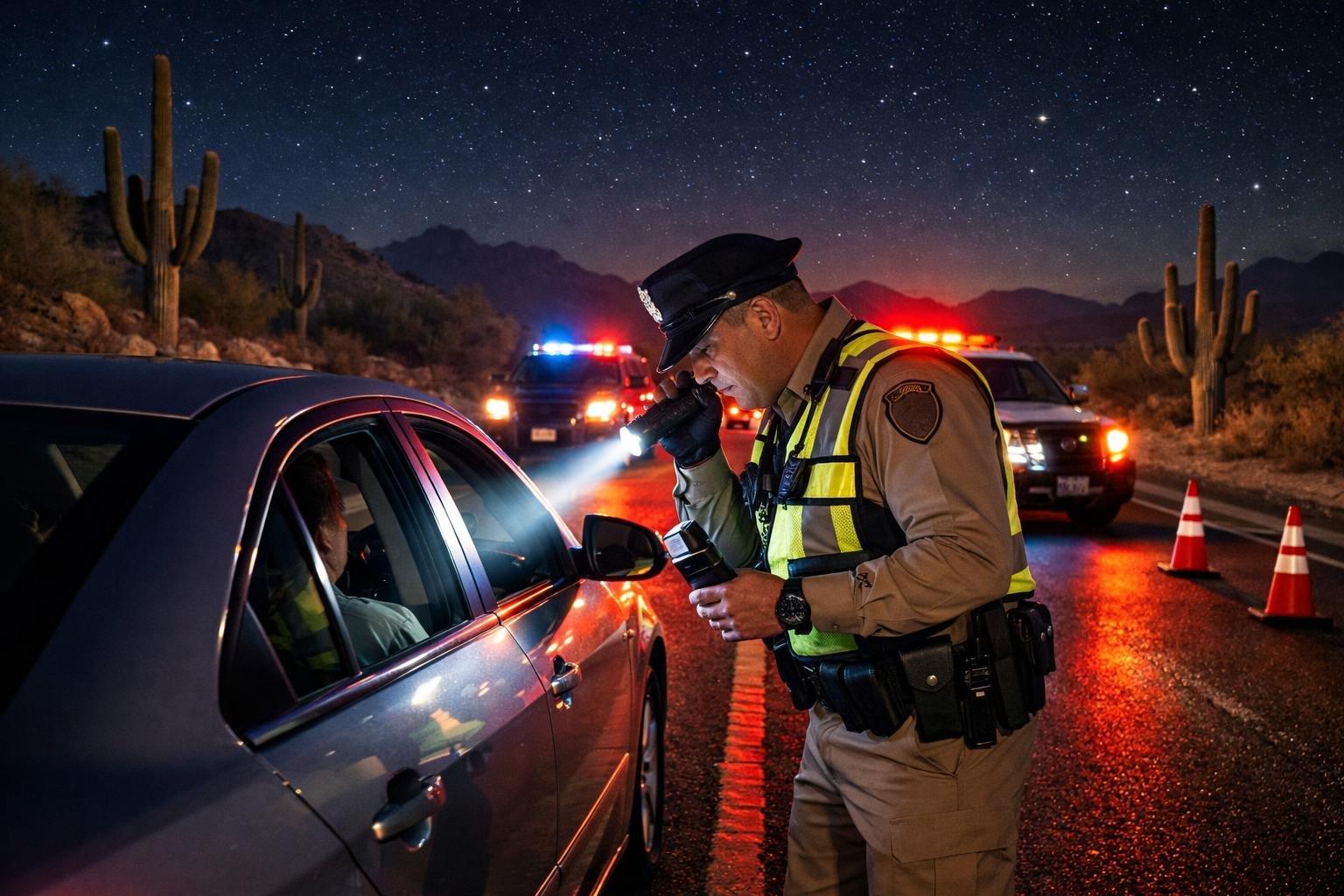 A police officer conducts a DUI checkpoint on a highway in Arizona at night with emergency lights flashing.