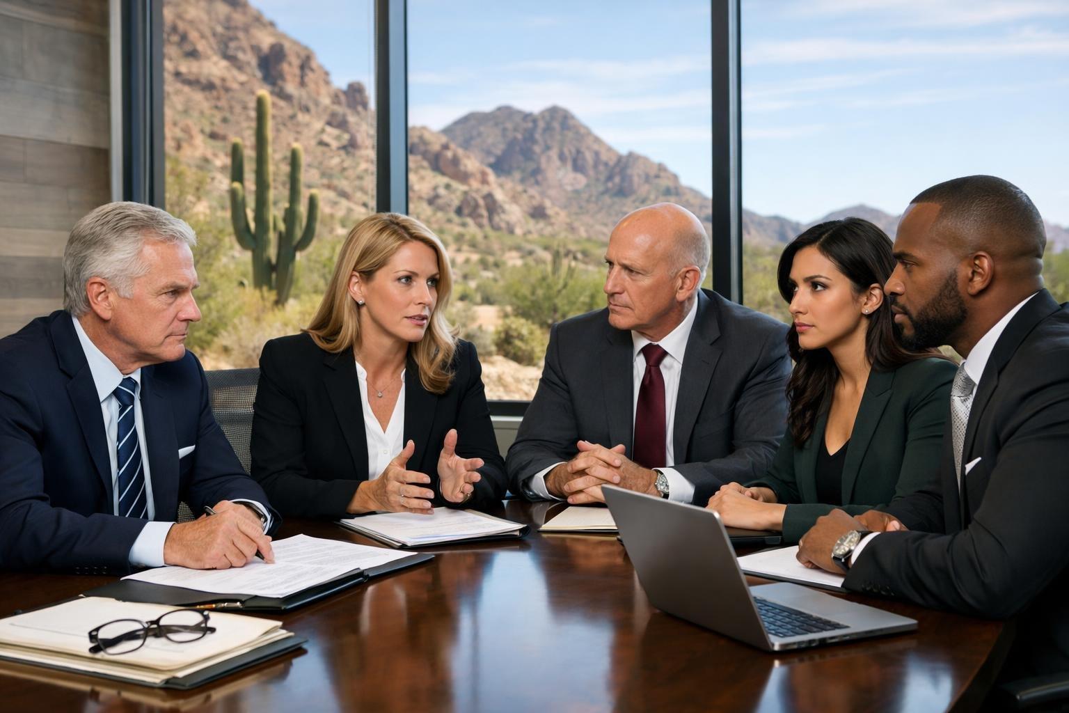 A group of professional attorneys discussing legal documents in a modern office with an Arizona desert landscape visible through the windows.