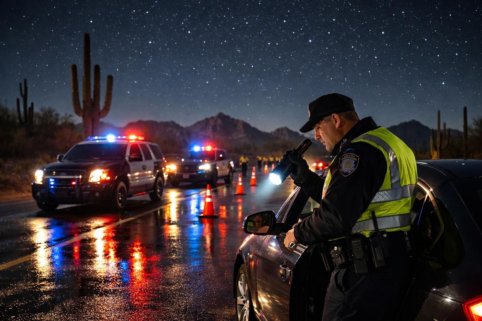Police officer speaking with a driver at a nighttime DUI checkpoint in a desert setting with police cars and cacti in the background.
