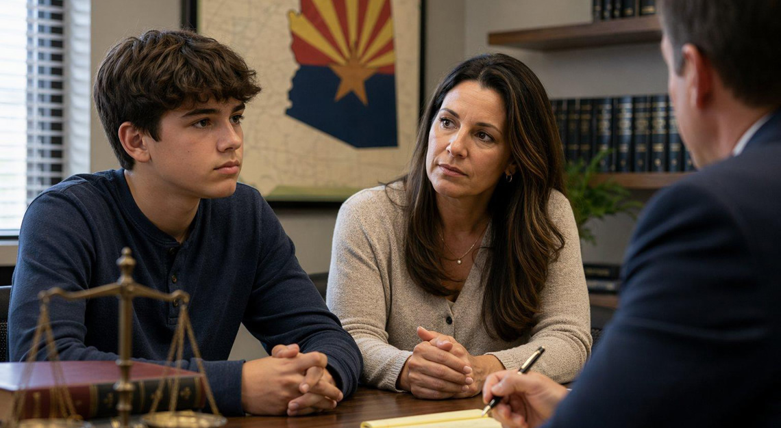 A teenager and an adult having a serious conversation in a legal office with law books and an Arizona state flag in the background.