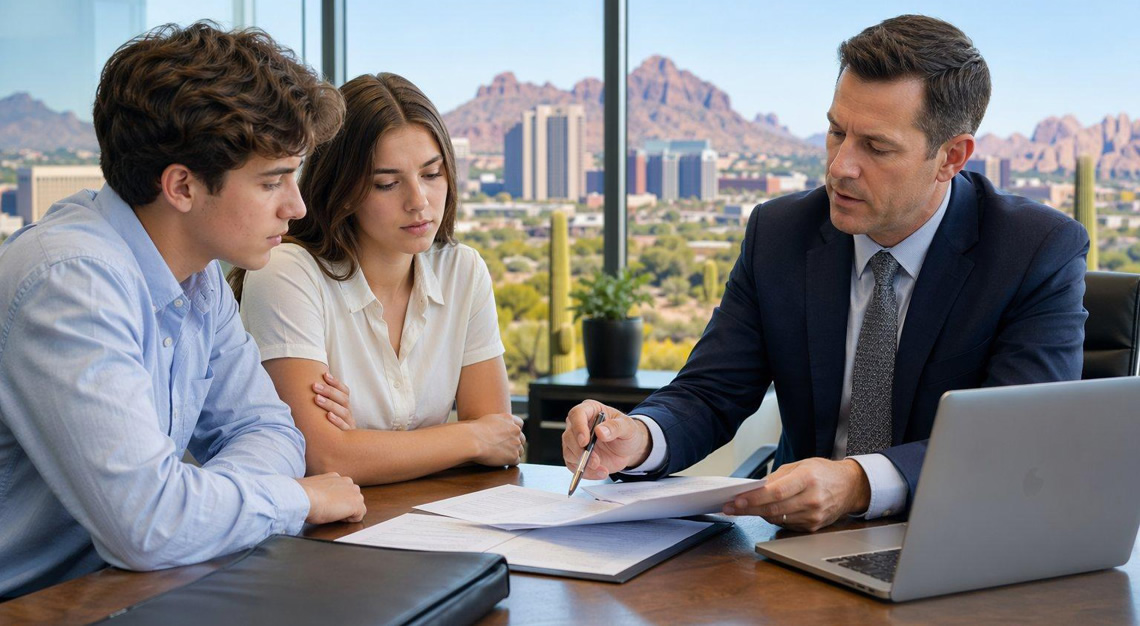 A young man and woman meet with a lawyer in an office with a view of an Arizona city and desert landscape outside the window.