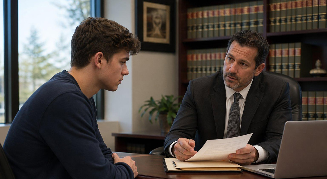 A young adult man and a lawyer having a serious discussion in a legal office.