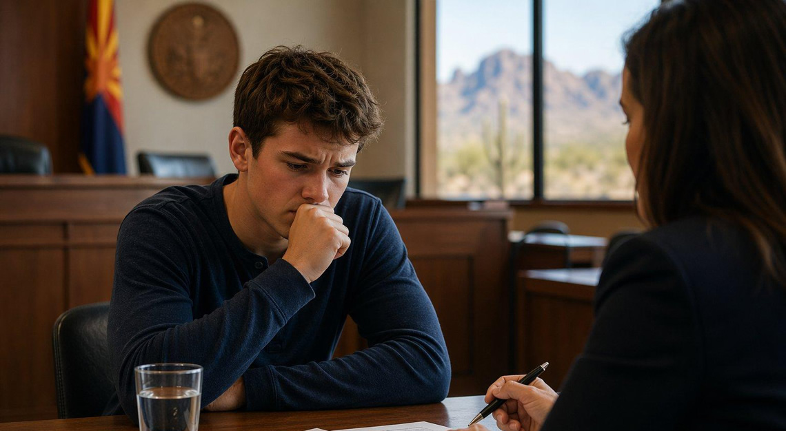 A young adult sitting at a table with legal documents in a law office, looking thoughtful.