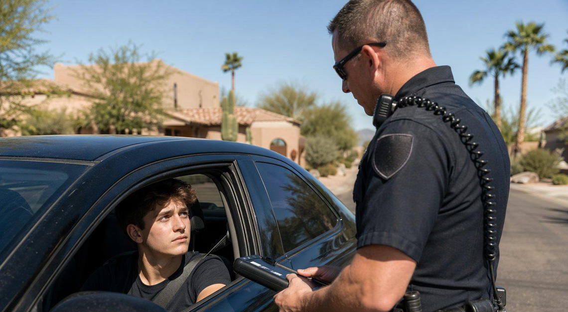 A young driver sitting in a car talking to a police officer outside on a sunny suburban street.