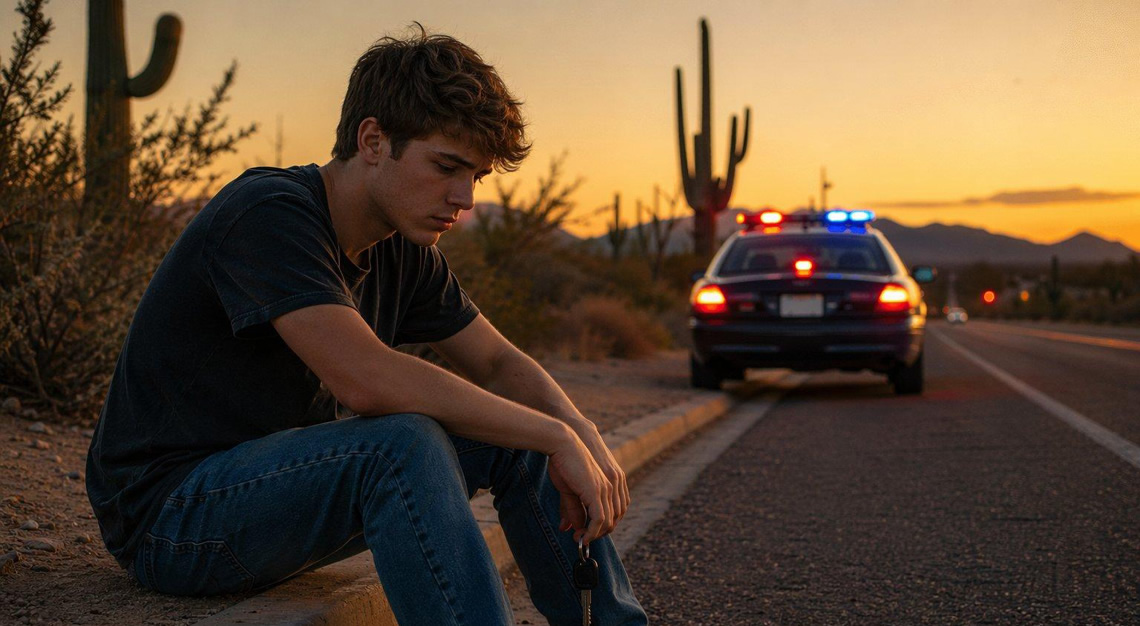 A young person sitting on a desert roadside at dusk with a police car flashing lights parked nearby.