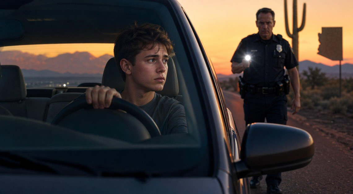 A young driver sitting in a car at dusk with a police officer approaching outside, set against an Arizona desert background.