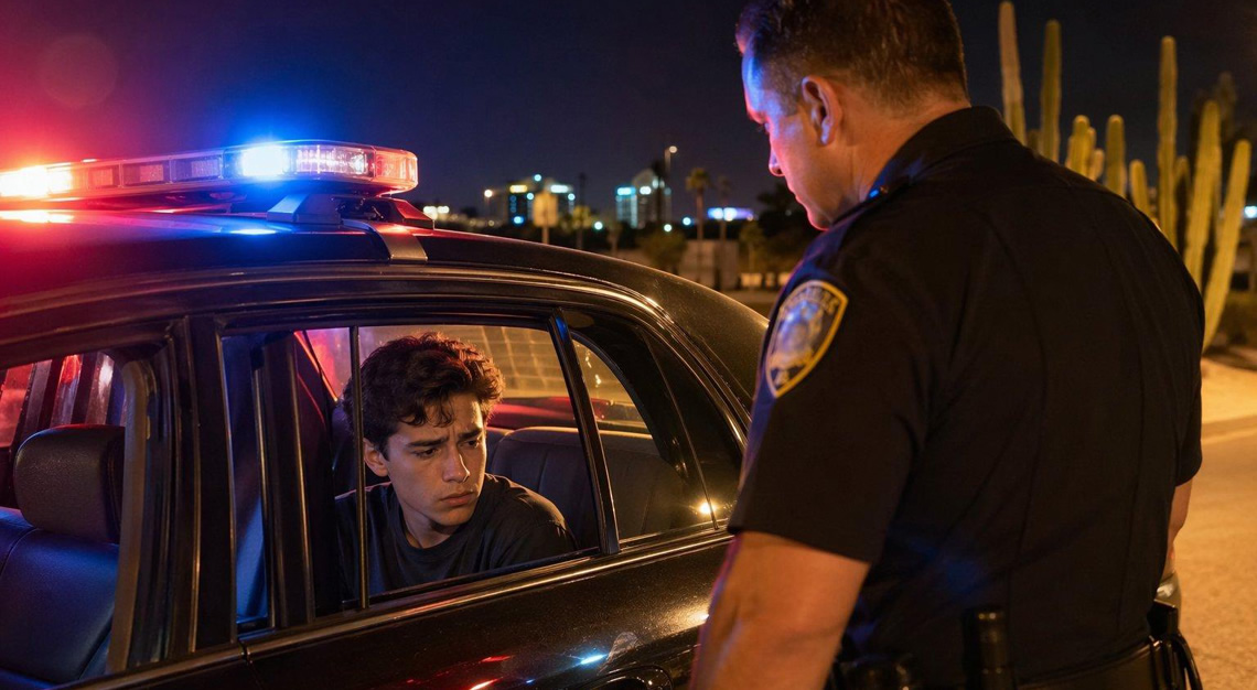 A young person sitting in the back of a police car at night with a police officer standing outside on a street with desert plants nearby.