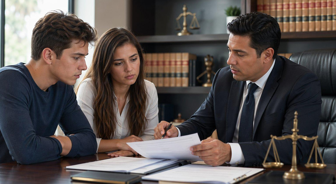 A young man and woman consulting with a lawyer in a bright office about legal matters.