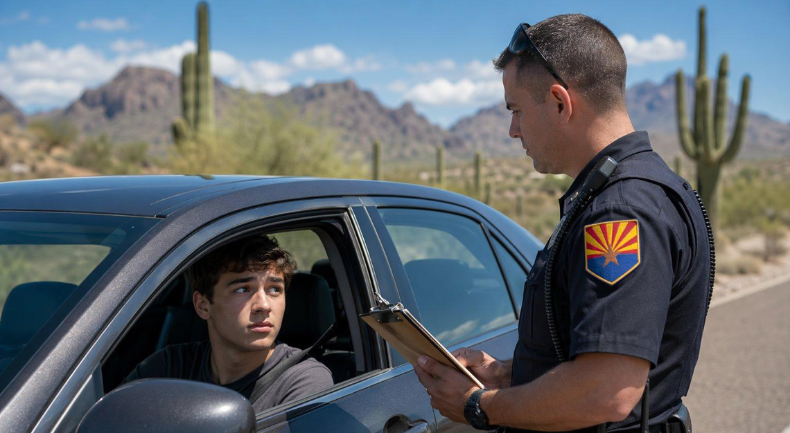 A young person sitting in a car talking to a police officer standing outside in a desert setting.